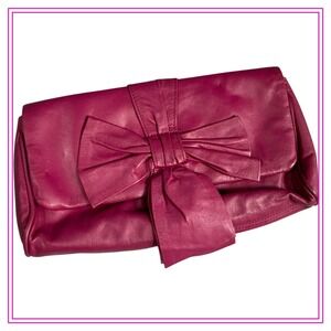 Nine West Genuine Leather Fuchsia Bow Clutch Bag Purse Evening Party‎